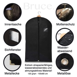 Bruce.® 5 x Premium Garment Bags, 100 x 60 cm, Optimised Material Thickness of 120 GSM, High-Quality Garment Cover for Suit and Dress, Breathable Suit Bag for Travel