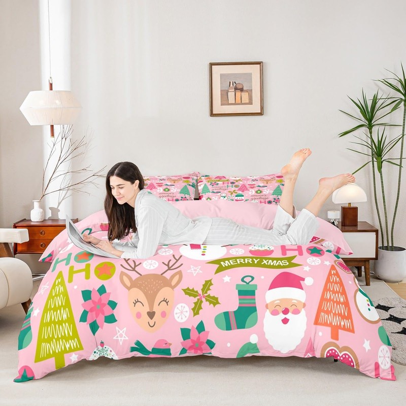Feelyou Kids Pink Merry Christmas Bedding Set Full Merry Christmas