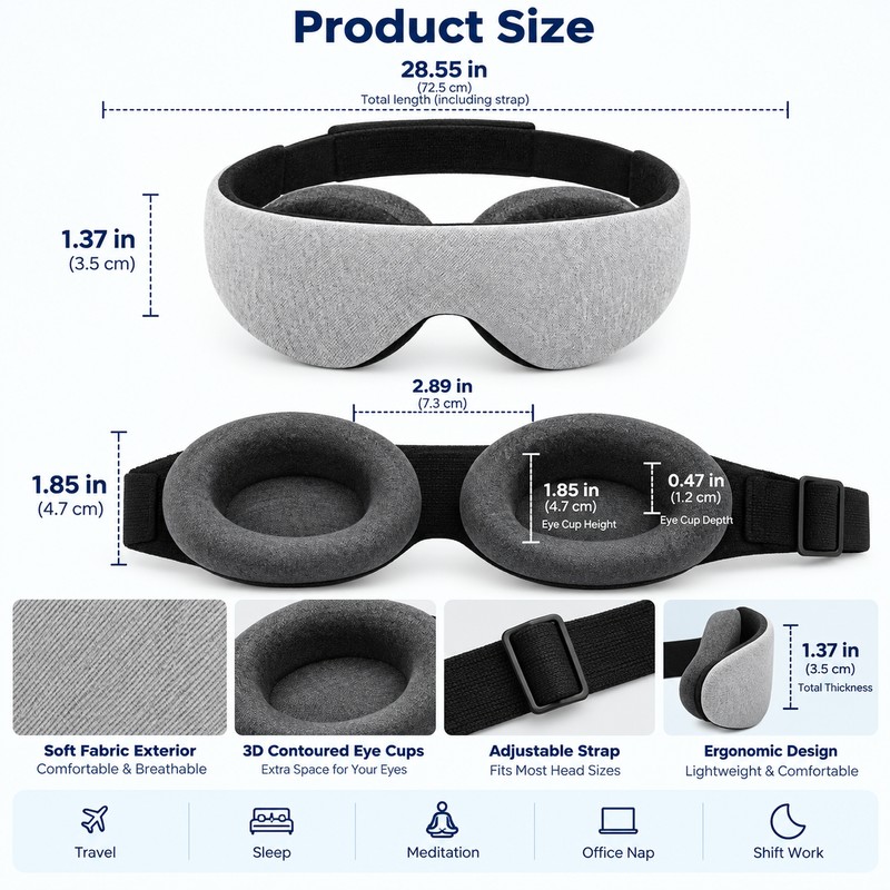 3D Contoured Sleep Mask with Deep Eye Cups, Light-Blocking Memory