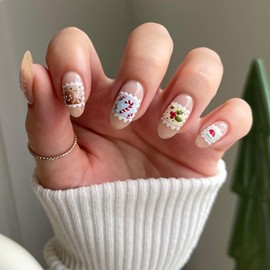 Christmas Press on Nails Almond Shaped Glossy Full Cover Acrylic Medium Almond Winter False Nails with Gingerbread Candy Designs Artificial Holiday Fake Nails with Glue ons Fingernails for Women