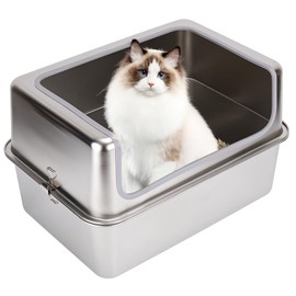 Amibud Stainless Steel Cat Litter Boxes with Metal Lid, Large Kitty Litter Pan with High Wall Enclosure-Odor Free&Easy to Clean