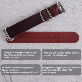 uEmoh One-Piece Nato Style Leather Watch Bands Genuine Watch Straps for Men Women- 14mm 16mm 18mm 20mm 22mm 24mm Top Grain Cowhide Leather Watch Strap (24mm, Wine Red/Sliver Buckle)