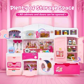 Kids Play Kitchen Toys Set - Pink Mini Doll House Kitchen Furniture Sets with Lights Sounds - Toddlers Pretend Kitchen Play - Birthday Gifts for 3 4 5 6 7 8 Old Girls