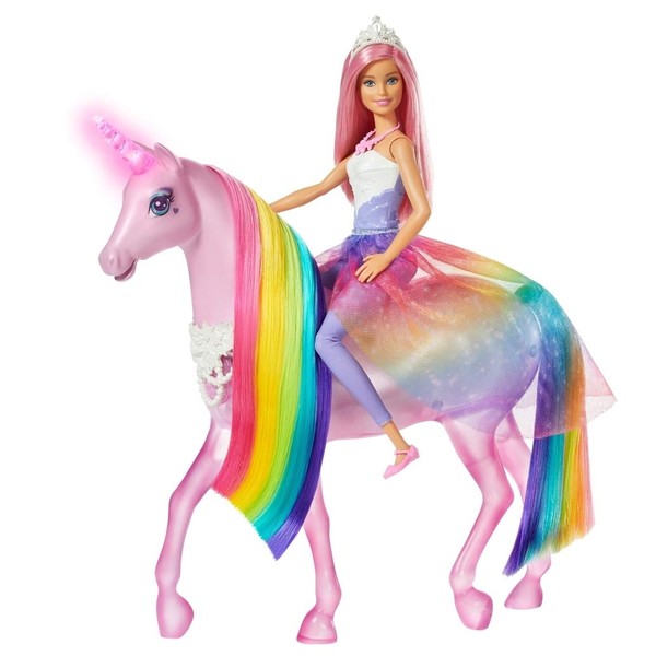 Barbie Dreamtopia Magical Lights Unicorn with Rainbow Mane, Lights and Sounds, Princess Doll with Pink Hair and Food Accessory, Gift for 3 to 7 Year Olds