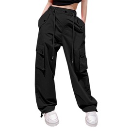 Cromoncent Women's High Waist Parachute Pants Y2K Cargo Trousers with Pockets for Womens, Black, M