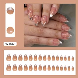 Silver French Tip Press on Nails Medium Length Almond Fake Nails Nude Acrylic Reusable Artificial Nails Full Cover Glossy Stick on Nails for Women Party Wedding Salon Glue on Nails