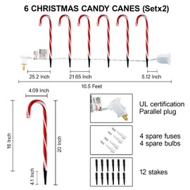 GAGALIFE 16-inch Candy Cane Lights, Outdoor Christmas Pathway Markers, 12 Pack Christmas Candy Cane Lights for Driveway, Walkway, Yard, Garden, 21 feet Total Length with 72 Lights, Red-White