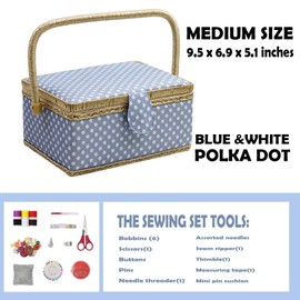 Sewing Box with Sewing Kit Accessories, D&D Wooden Sewing Basket Organizer with Accessories for Home, Travel, Blue Polka Dot