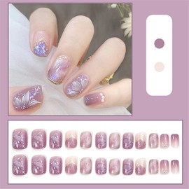 Nail Tips, Short, 24 Pieces, Easy Gel Nails, Artificial Nails, Cute Purple, Beads, Calm Purple, Popular, Korean, Nail Supplies, 48 Double Sided Tape Included, Camellia and Beads