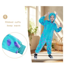 Wizland Blue Monster Costume Jumpsuit for Kid Flanne Fun Costume for Boys Girls Long Sleeve Animal Onesie with Tail 8-10