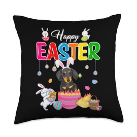 Happy Easter Bunny Dachshund Inside Chocolate Egg Basket Throw Pillow