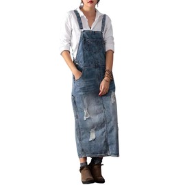 chouyatou Women's Adjustable Strap Distressed Denim Overall Dress A-Line Pinafore Jean Dress with Split (X-Large, Light Blue)
