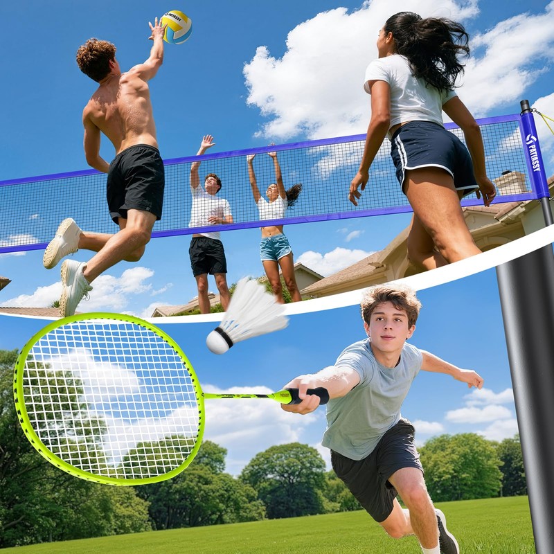 Volleyball Badminton Net Set Combo for Backyard Beach, 2-in-1 Adjustable