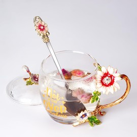 JY-Danbady Glass Teacup, 11 oz, Floral Wedding Theme, Transparent, Dishwasher Safe, Perfect for Home, Special Occasions, Christmas, Valentines Day, Mother's Day, Gift