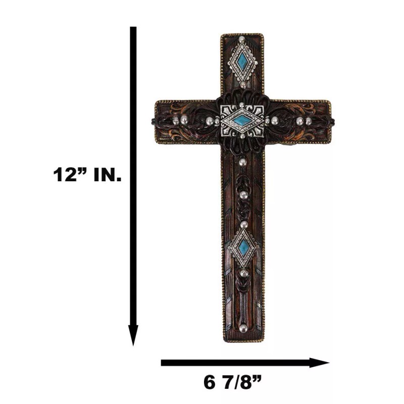 Rustic Western Turquoise Gems Silver Conchos Tooled Leather Wall Cross