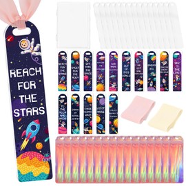 Shejdgart Acrylic Bookmark Making Kits - 60 Pcs Clear Acrylic Bookmark Blanks Set with Space Rocket Planet Inspirational Theme UV DTF Transfer Stickers, 15 Pcs Ribbons, DIY Crafts Book Lover Gifts