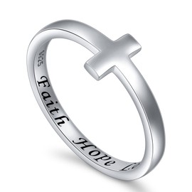DAOCHONG Inspirational Jewelry Sterling Silver Engraved Faith Hope Love Sideways Cross Ring, Size 7