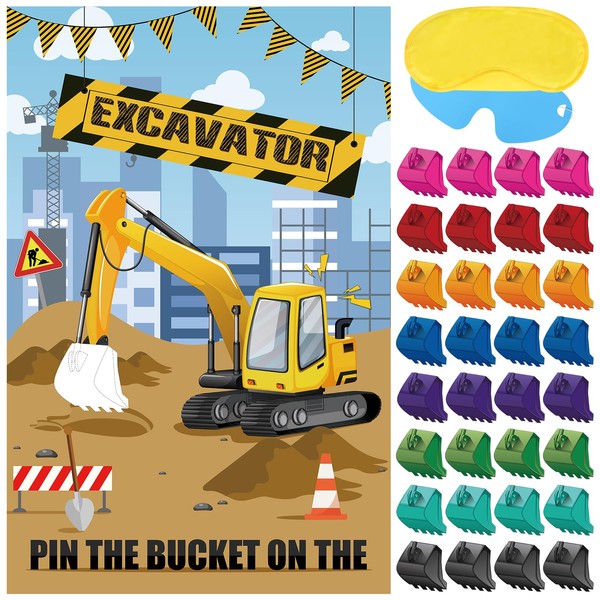 Pin The Bucket on The Excavator Party Games Construction Party Favors Kids Birthday Party Pin the Truck Games for Boys Construction Party Supplies Decorations, Large Excavator Poster with 32 Stickers