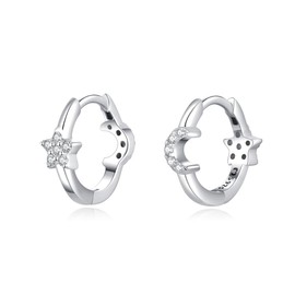 Silver earrings for women, 925 double hoop earrings with a crescent moon and an 8-pointed star. Hoop earrings made of 925 silver for women or 18 K gold, ideal as a gift for Mother's Day., Gold