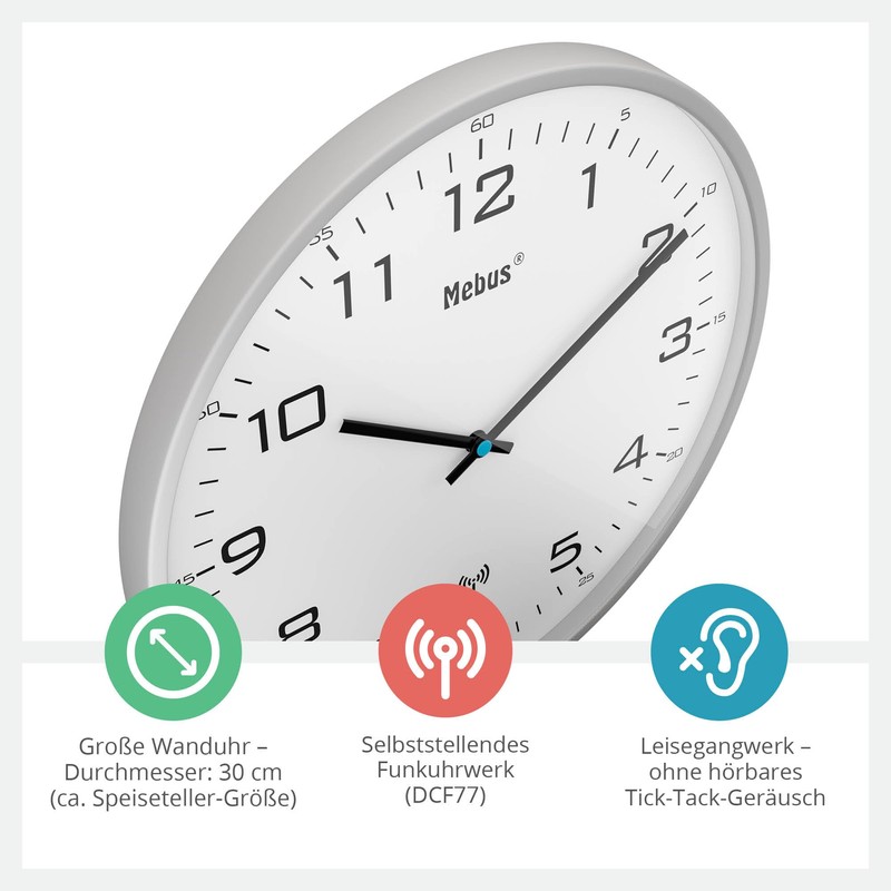 Mebus Radio Controlled Wall Clock 30 cm Silent Grey Frame