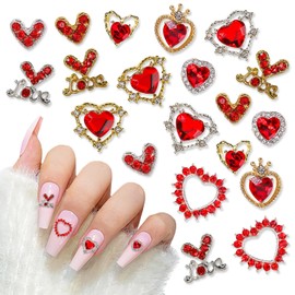 WOKOTO 20pcs 3D Hearts Nail Charms for Acrylic Nails 3D Gold and Silver Alloy Nail Charms Red Heart Rhinestone Crystals Gems for Nail Art 3D Hearts for Women Girls Valentines Day Nails Designs Charms