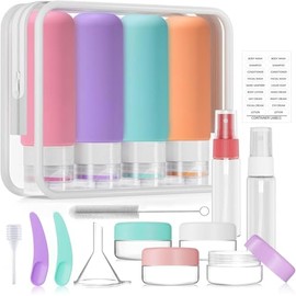 17 Piezas de Botellas de Viaje de Silicona, Botella de Viaje Portátil, Botella de Viaje a Prueba de Fugas de 3 oz + 2 oz con Etiqueta, Envase Exprimible Libre de BPA para Champú, Crema, Loción