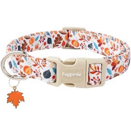 Faygarsle Fall Dog Collar, Autumn Floral Pattern with Maple Leaf Charm, White with Pumpkins and Leaves for Small Medium Large Dogs L