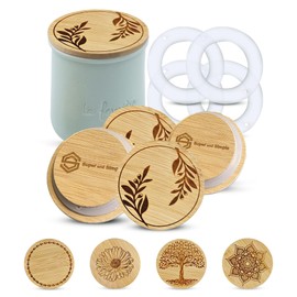 La Fermiere Yogurt Jar Tops – Olive Branches Design or Choose a Design – 4-pcs Wood Lids Set With Extra Silicone Sealing Rings - Perfectly Airtight Fit