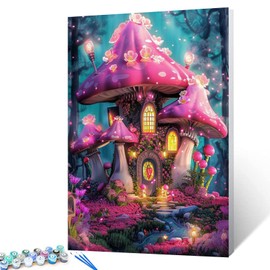 Pink Mushroom House Paint by Number for Adults Glowing Flowers DIY Paint by Number Acrylic on Canvas Easy Paint by Number for Adults Beginner 3D Cartoon Style Home Decor Gift 16 x 20in (Frameless)