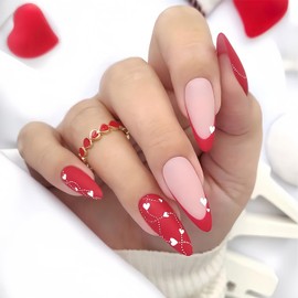 Valentines Day Press on Nails Medium Almond Love Heart Fake Nails, Red French White Hearts Acrylic Nails, Frosted Gel False Nails Kit Salon Quality Stick Glue on Nails Tip, 24 Pcs