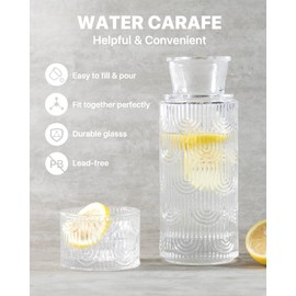 DmmyAlzx Bedside Water Carafe and Glass Set, Mouthwash Dispenser for Bathroom, 21.6 Oz Glass Water Bottles with 6 Oz Drinking Cup as Lid, Pitcher for Nightstand, Kitchen (Clear)