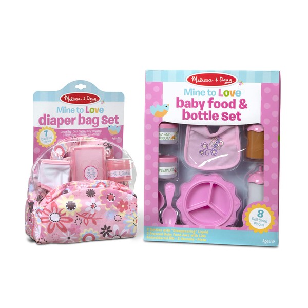 Melissa & Doug Doll Feeding and Changing Accessories - Bib, Bag, Diaper, Wipes, Utensils, Bottles - Mine To Love Baby Doll Diaper Bag, Baby Doll Accessories For Kids Ages 3+,Pink