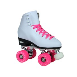 Epic Skates Epic White and Pink Classic High-Top Quad Roller Skate Bundle with Pink Skate Bag, Pompoms and 2 Pair of Laces 9