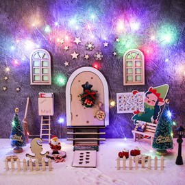 BOLWEO Fairy Door Gnome Door Christmas Set, 56Pcs Gnome Door Accessories with 2pc Fairy Light Mini Gnome Door Complete Set for Christmas Decoration Christmas Gnome Door Gnome House