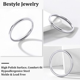 Silver 2MM Midi Plain Ring for Women Stainless Steel Simple Band Rings Thin Rings Stackable Size S US 9