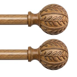 QDWIS 2 Pack Wood Curtain Rods for Windows 28 to 48 Inch, 1'' Adjustable Decorative Drapery Rods with Imitation Wood Grain Leaf Pattern Finials, Boho Heavy Duty Window Curtain Rods Set 18''-45''