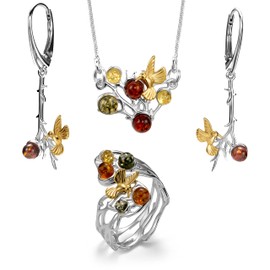 Copal Ladies 3 Piece Amber Sterling Silver Bird Jewellery Set, Amber, Amber