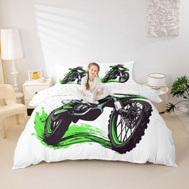Loussiesd Green Graffiti Dirt Bike Duvet Cover Set Single Size For Kids Boys Teens Men Extreme Sports Bedding Set Racing Motocross Rider Comforter Cover with 1 Pillowcase Motorbike Beds Set