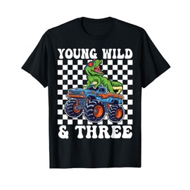 3rd Birthday Monster Truck Young Wild And Three 3 Year Old T-Shirt