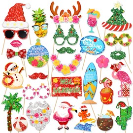 HOWAF 30pcs Mele Kalikimaka Photo Booth Props,Hawaii Christmas Selfie Props Flamingo Palm Tree Santa Pineapple for Holiday Party Supplies,Tropical Christmas Decoration Photo Props Kit,Summer Christmas