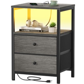 BOLUO Gray Nightstand with Charging Station, LED Night Stand with 2 Fabric Drawers, Bedside Table with USB Ports and Outlets, Nightstand for Bedroom Modern