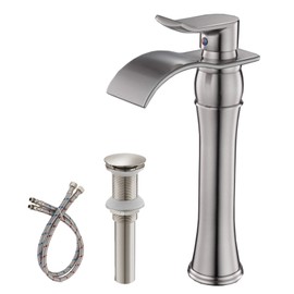 BWE Vessel Sink Faucet Brushed Nickel Single Hole Commercial Waterfall Bathroom Faucet with Pop Up Drain Without Overflow and Supply Line Modern Tall Faucet Bath Sink Lavatory Mixer Water Tap