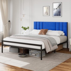 Assile Queen Bed Frame with Velvet Headboard, Platform Bed Frame with Metal Slats, 15 Strong Steel slats Support, Easy Assembly, Noise Free, Blue
