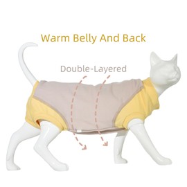 Sphynx Cat Pajamas Four Leg Warm Fleece Sleeveless Bodysuit Elastic Pet Clothes for Hairless Cat Surgery Recovery Suit (Warm Belly Khaki, S (3.5-5 lbs))