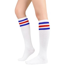 Century Star Women's Knee High Socks Athletic Thin Stripes Tube Socks High Stockings Outdoor Sport Socks 1 Pack White Blue Red One Size