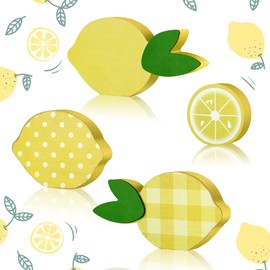 4 Pieces Wooden Lemon Tiered Tray Decor Sign Wood Lemon-Shaped Shelf Sitter Plaid Lemon Tiered Tray Wood Sign Polka Dot Sliced Lemon Sign Plaque for Summer Rustic Farmhouse Kitchen Trays Decor