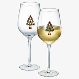 Set of 2 Stemmed Diamond Studded Christmas Tree Wine Glasses - Cheer for Holiday Gift and Winter Season - 14 oz Stemless Decorated Tree Ornament Wine Tumblers for Holiday Season and Winter - 8.8" H