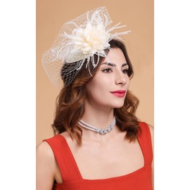 Cizoe Fascinators Hats for Women Pillbox Hat 20s 30s 50s Vintage Feather Headwear Bowler Flower Veil Wedding Tea Party Hat(X-Beige)