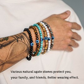 Lameybrt Evil Eye Bracelet 6mm Natural Stretch Adjustable Beaded Bracelets for Men (6PCS, Medium (6.5"-7.4"))