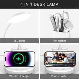 Vicsoon Desk Lamp for Home Office, LED Desk Lamp with Wireless Charger Pen Phone Holder, Dimmable Desk Light 3 Color Modes, College Dorm Study Lamp for College Dorm, CRI 90 800 Lumen
